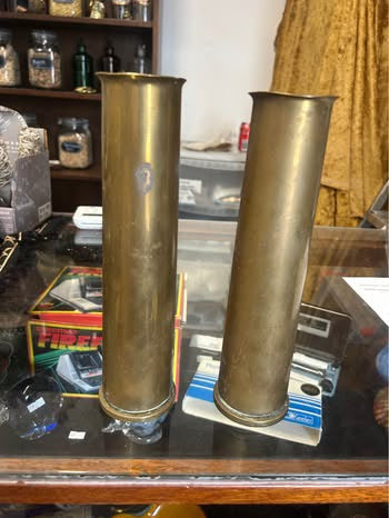 Pair WWII 1943 Canadian 40mm Bofors Brass Shell Case Vases Trench Art