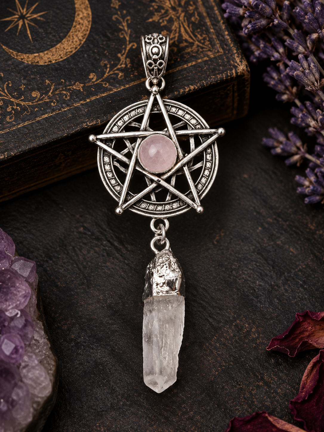 Pentagram Pendant with Rose Quartz & Clear Quartz Point