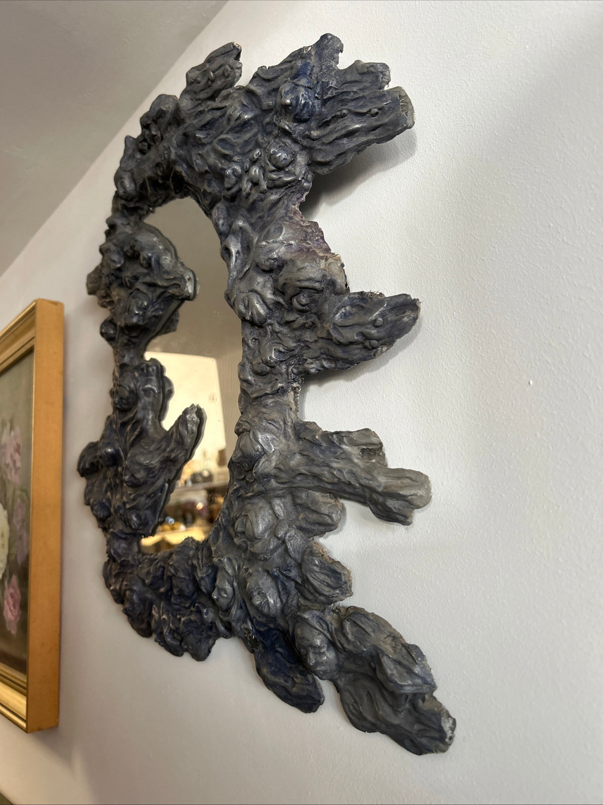 Vintage Surrealist Gothic Sculptural Wall Mirror – Figural Faces