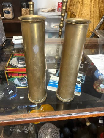 Pair WWII 1943 Canadian 40mm Bofors Brass Shell Case Vases Trench Art