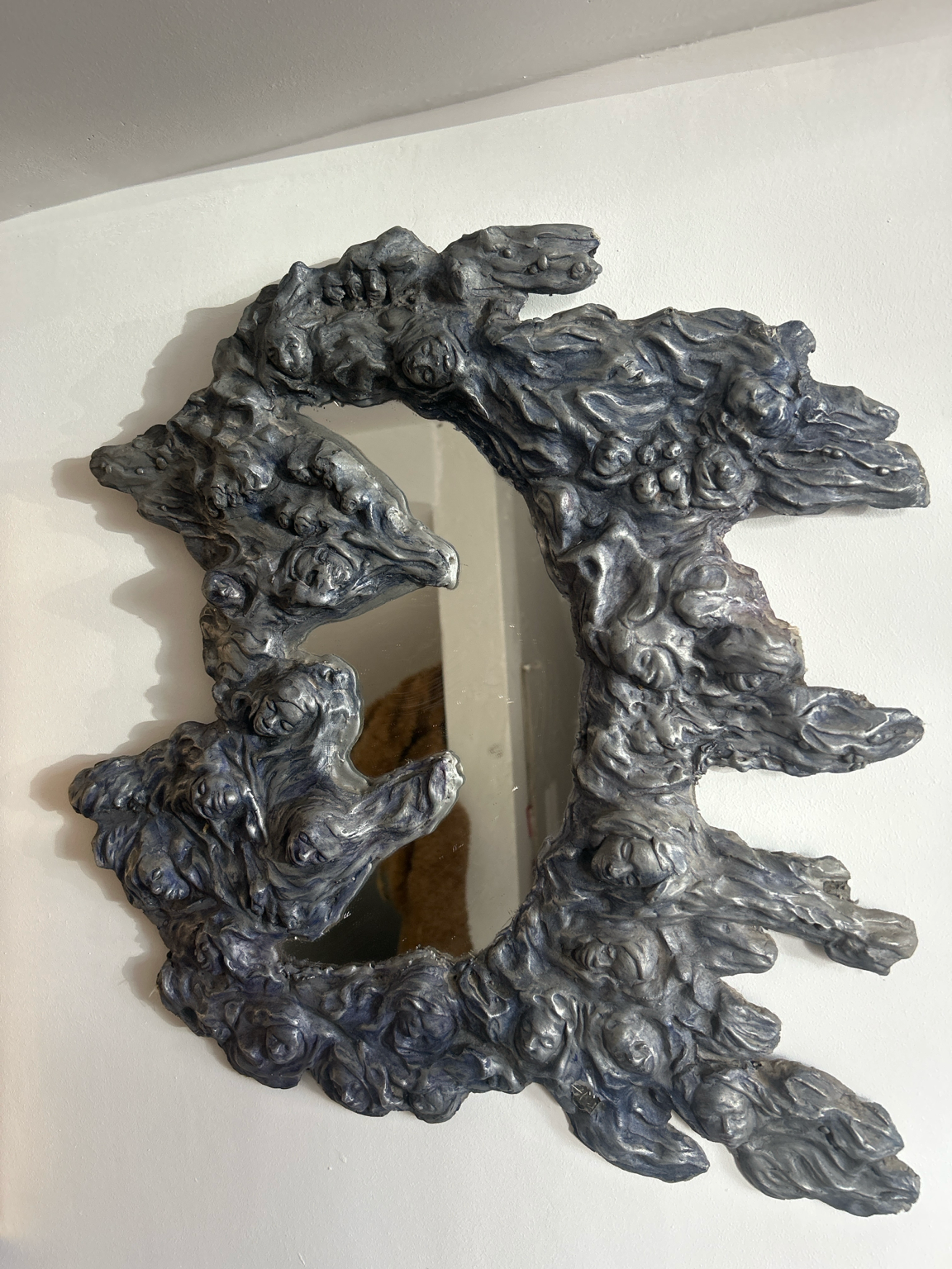 Vintage Surrealist Gothic Sculptural Wall Mirror – Figural Faces