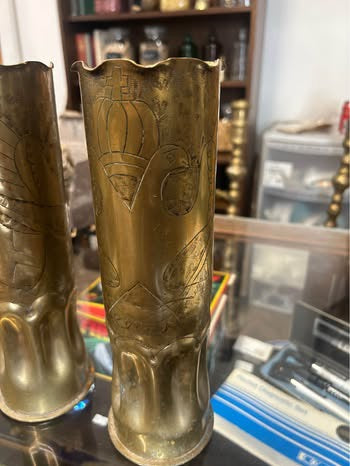 Pair of WWII Trench Art Brass Shell Case Vases Hand Engraved Military 1943 Bofors