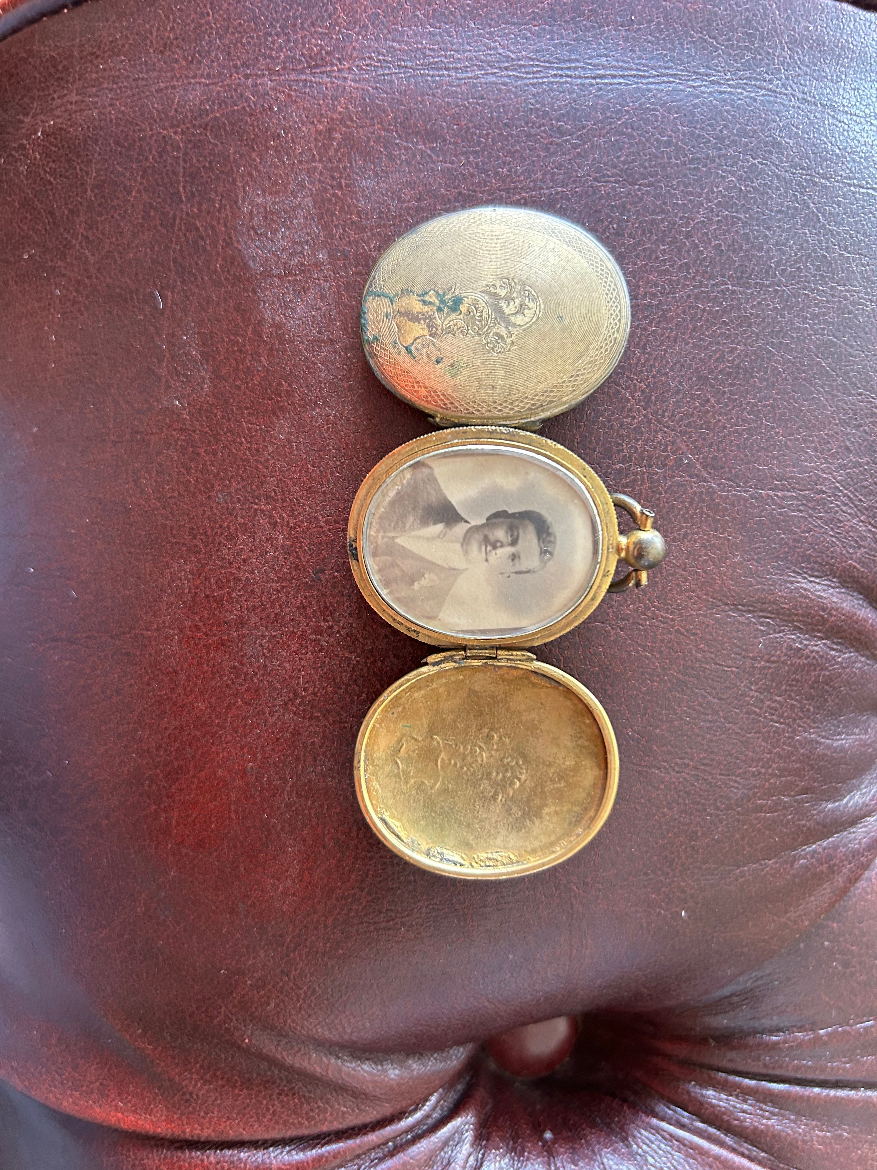 Victorian Double Portrait Mourning Locket – Antique Brass Memorial Locket c.1890