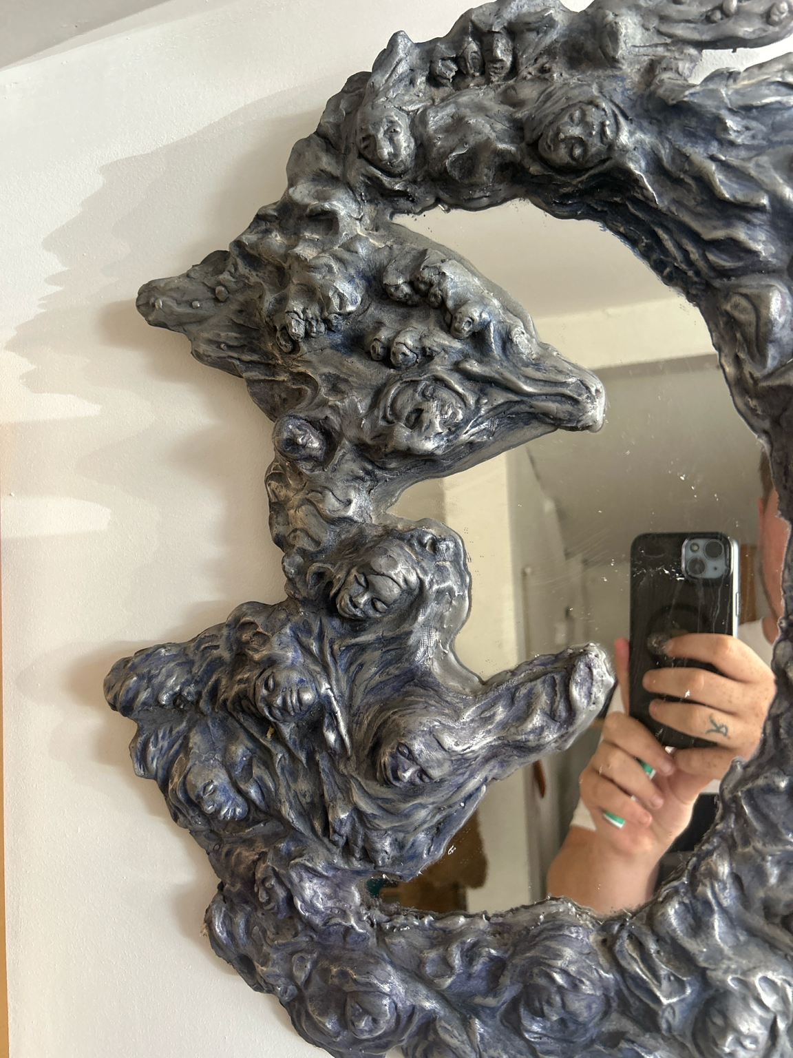 Vintage Surrealist Gothic Sculptural Wall Mirror – Figural Faces