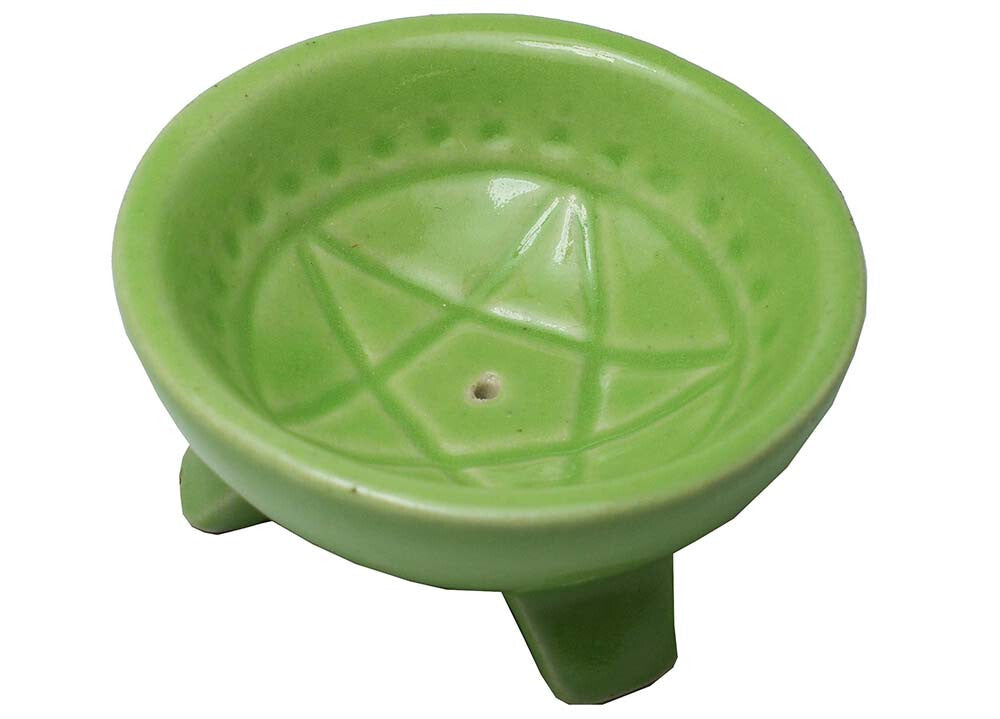 Green Ceramic Incense Stick Holder With Pentagram Design