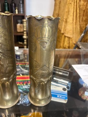 Pair of WWII Trench Art Brass Shell Case Vases Hand Engraved Military 1943 Bofors