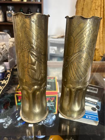 Pair of WWII Trench Art Brass Shell Case Vases Hand Engraved Military 1943 Bofors