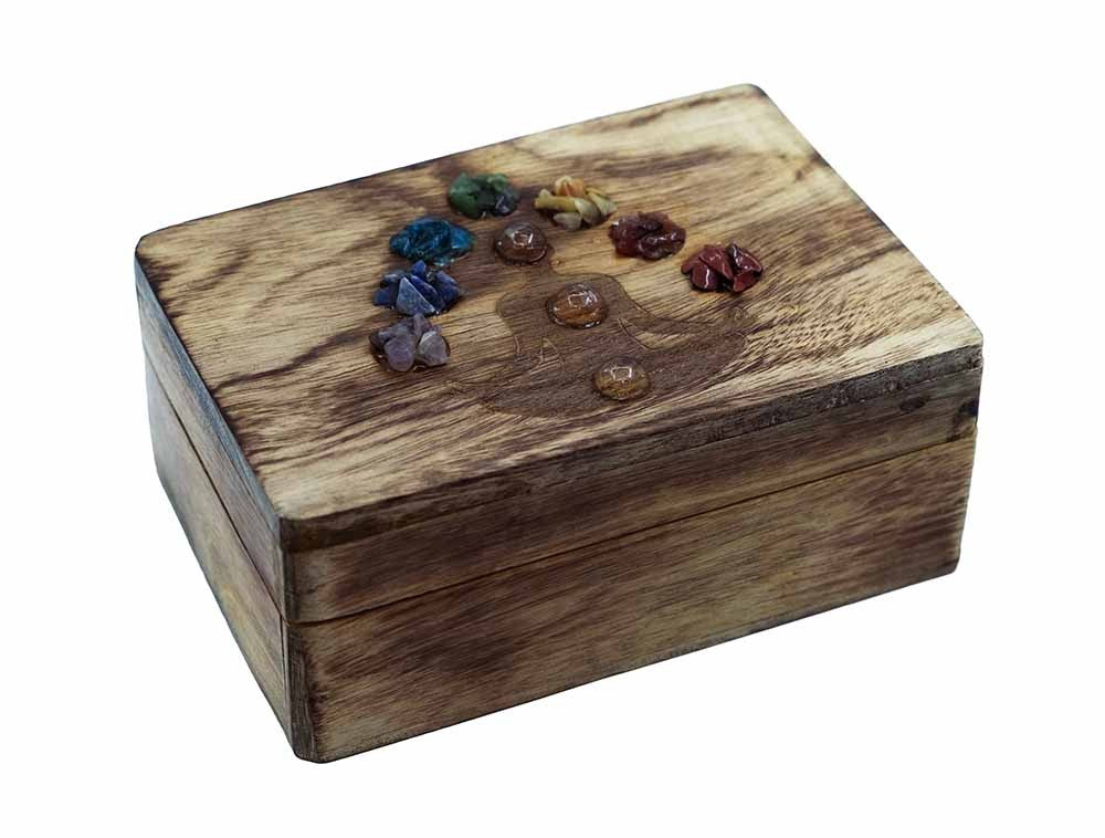Wooden Chakra Stone Box – Seven Chakra Crystal Storage Box