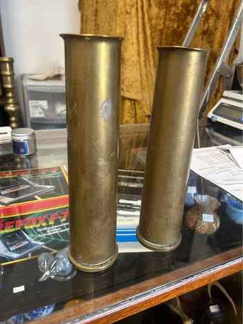 Pair WWII 1943 Canadian 40mm Bofors Brass Shell Case Vases Trench Art
