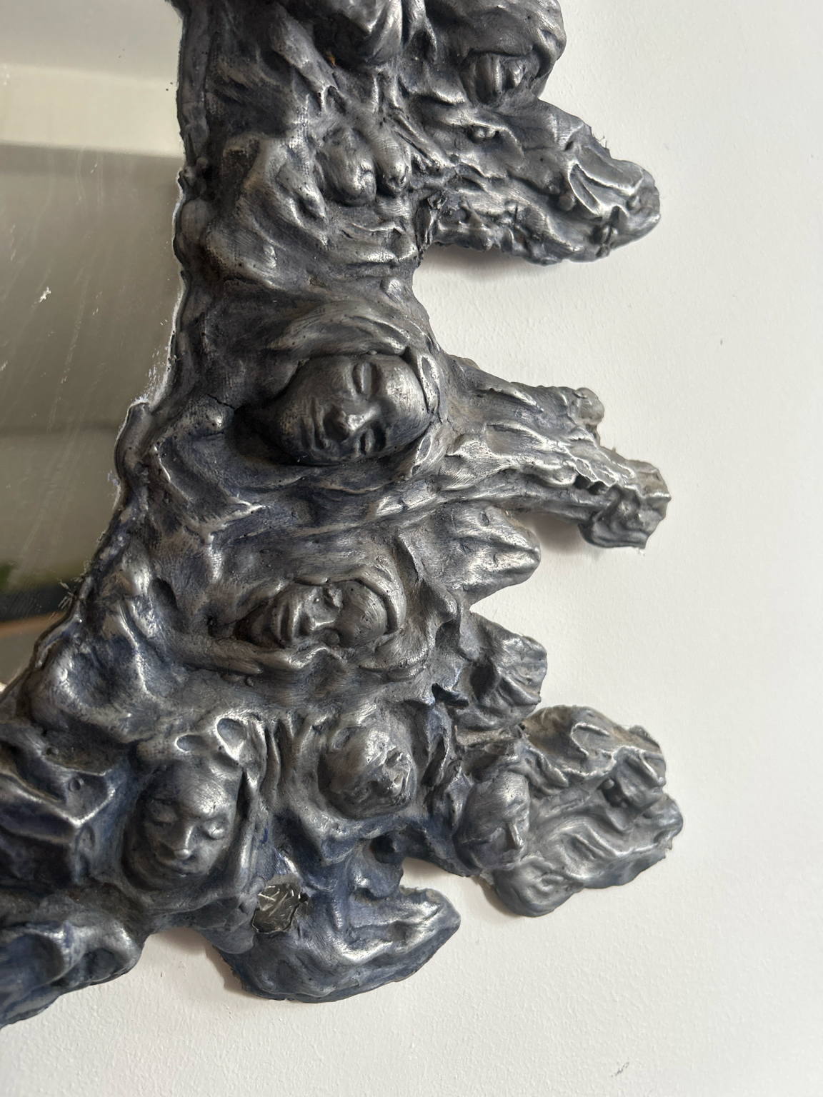 Vintage Surrealist Gothic Sculptural Wall Mirror – Figural Faces