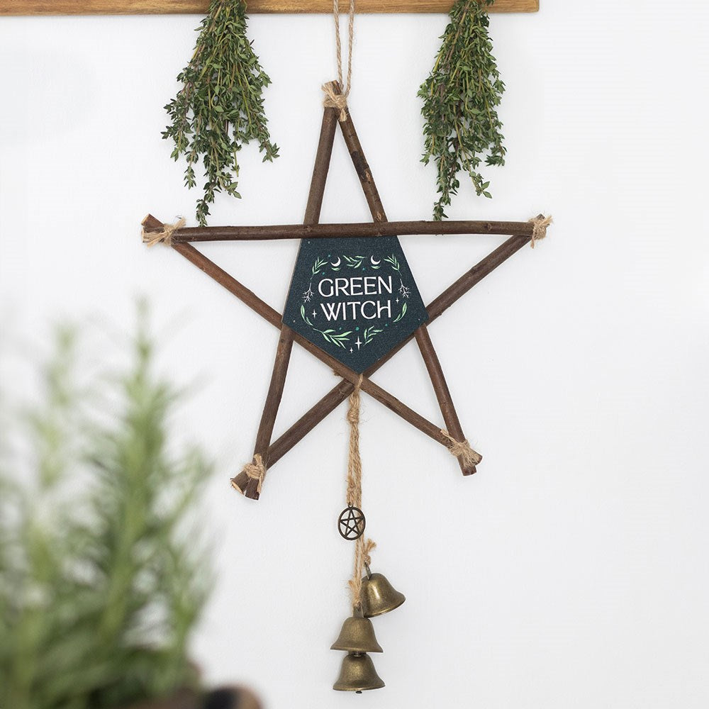 Green Witch Hanging Willow Pentagram with Bells Witchy Decor