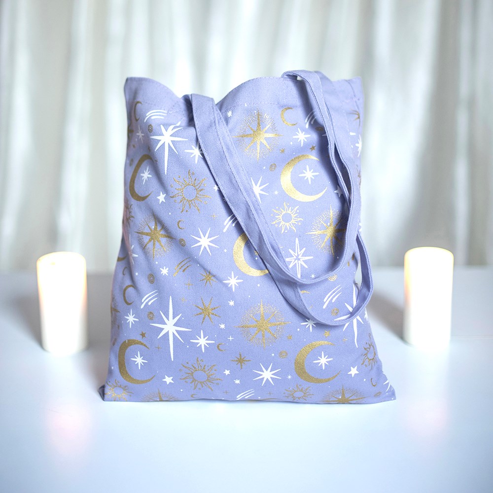 Purple Celestial Print Tote Bag Moon & Stars Reusable Shopper